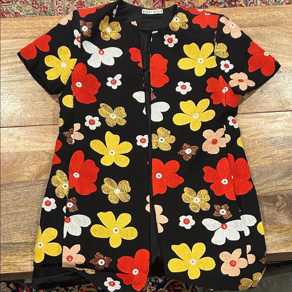 Alice + Olivia Black Dress with Red and Yellow Floral Pattern with Pockets